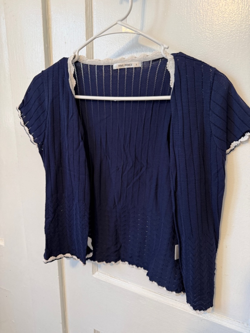 Five Pence Navy Short Sleeve Knit Top with White Scalloped Trim